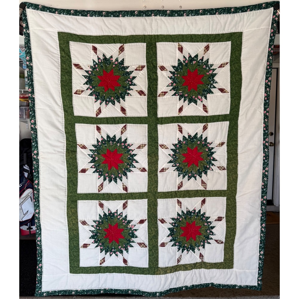 Handmade Lone Star Patchwork Quilt Red Green Floral Plaid Christmas 58x48